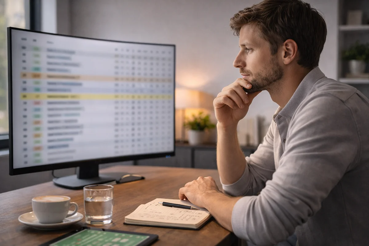 Analyst studiert die neue Europa League Tabelle mit 36 Teams am Monitor