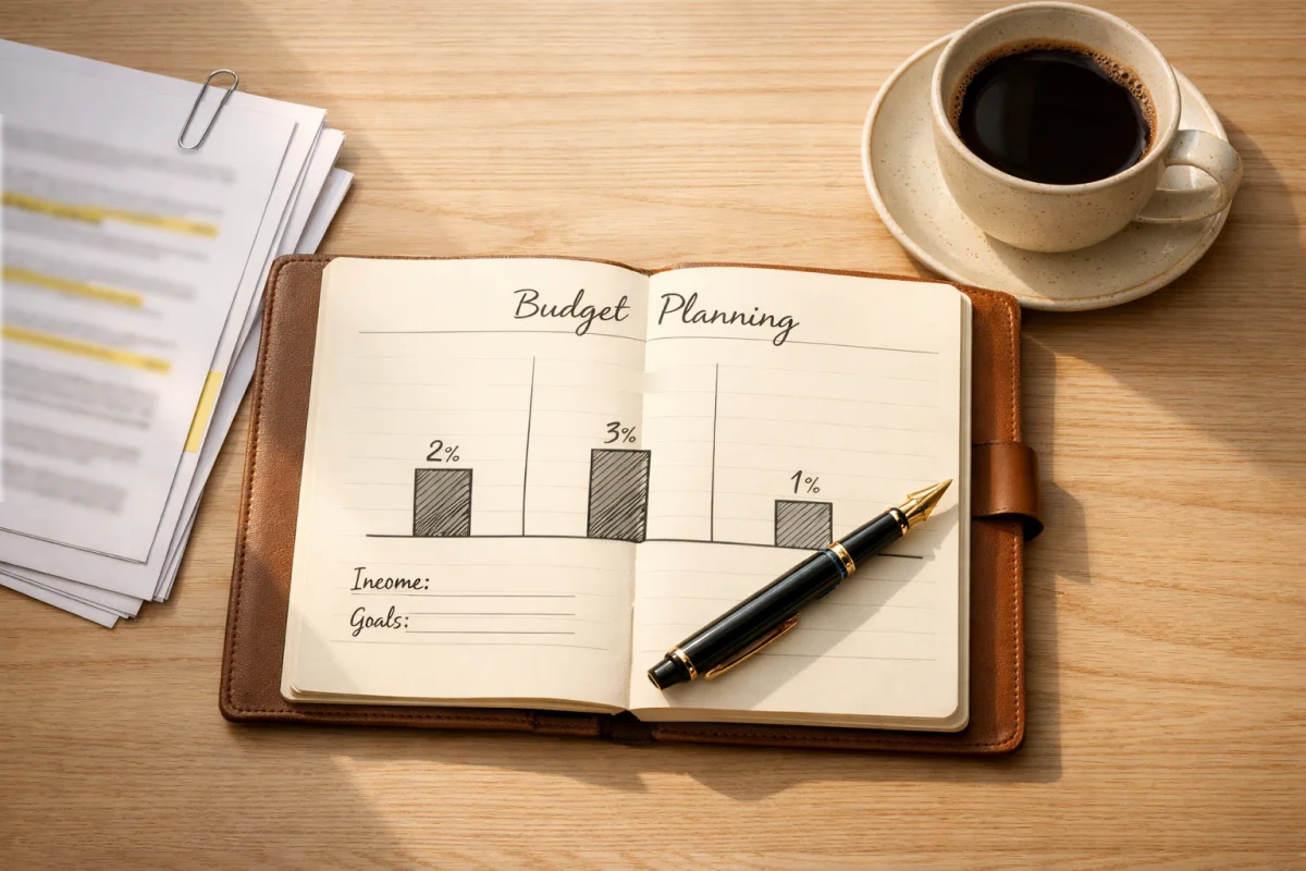 Organisierter Arbeitsplatz mit Notizbuch zur Budgetplanung und Strategieentwicklung