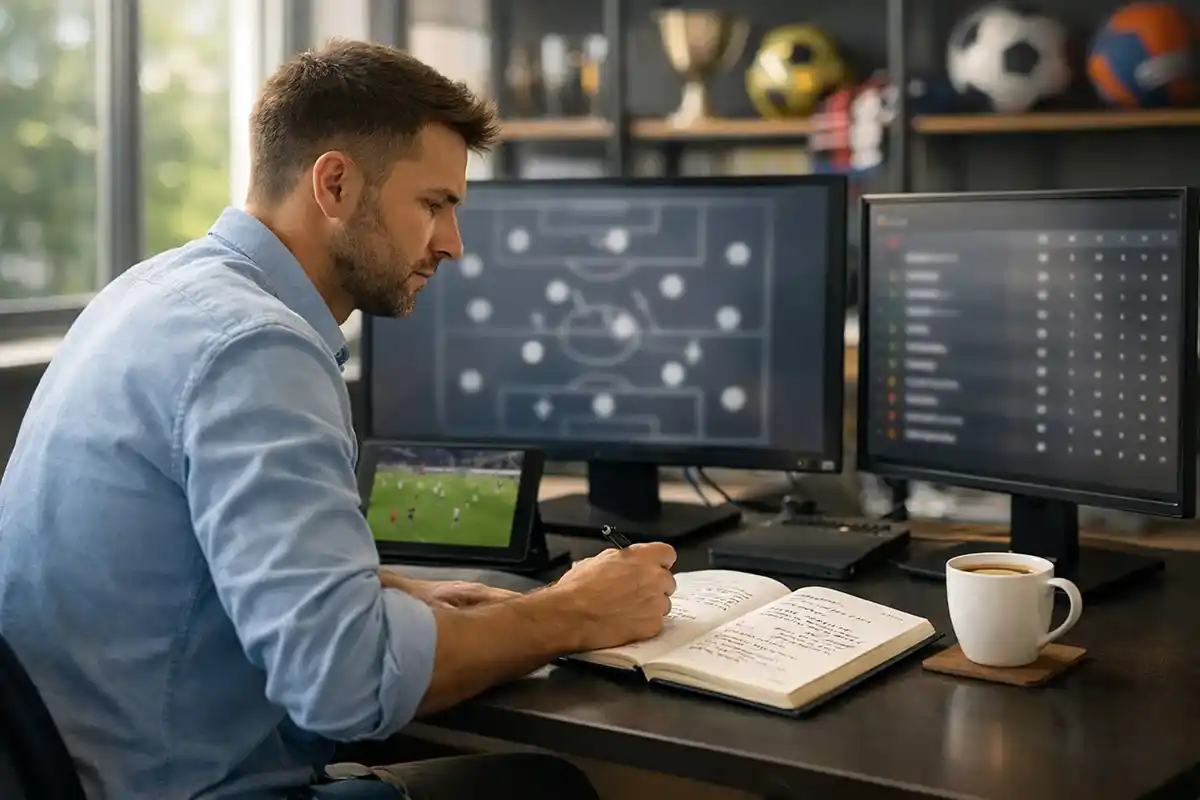 Analyst bereitet sich mit mehreren Bildschirmen auf die Europa League Saison vor