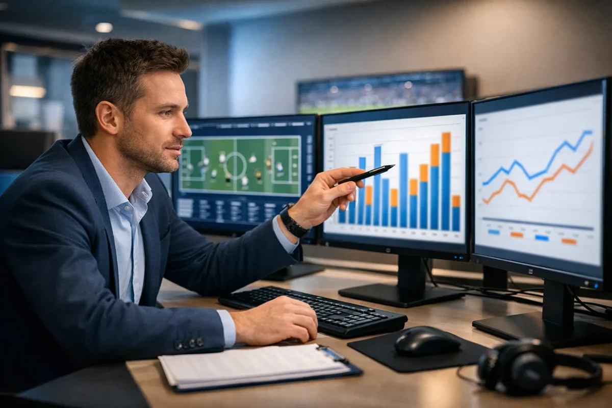 Sportanalyst bei der Arbeit an einer modernen Workstation mit mehreren Monitoren, die Fußball-Leistungsdaten und Statistiken anzeigen