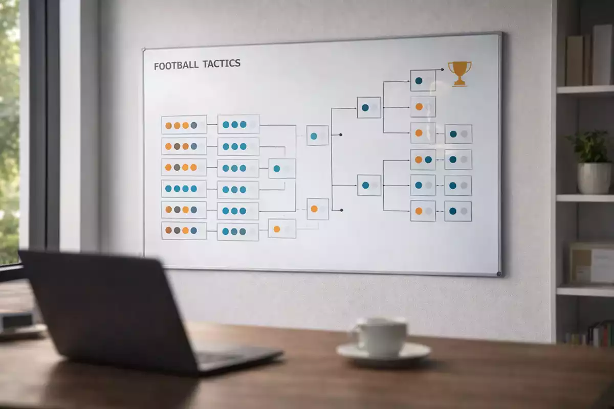 Professionelle Taktiktafel in einem modernen Sportanalyse-Büro mit dem neuen Ligaformat der Europa League