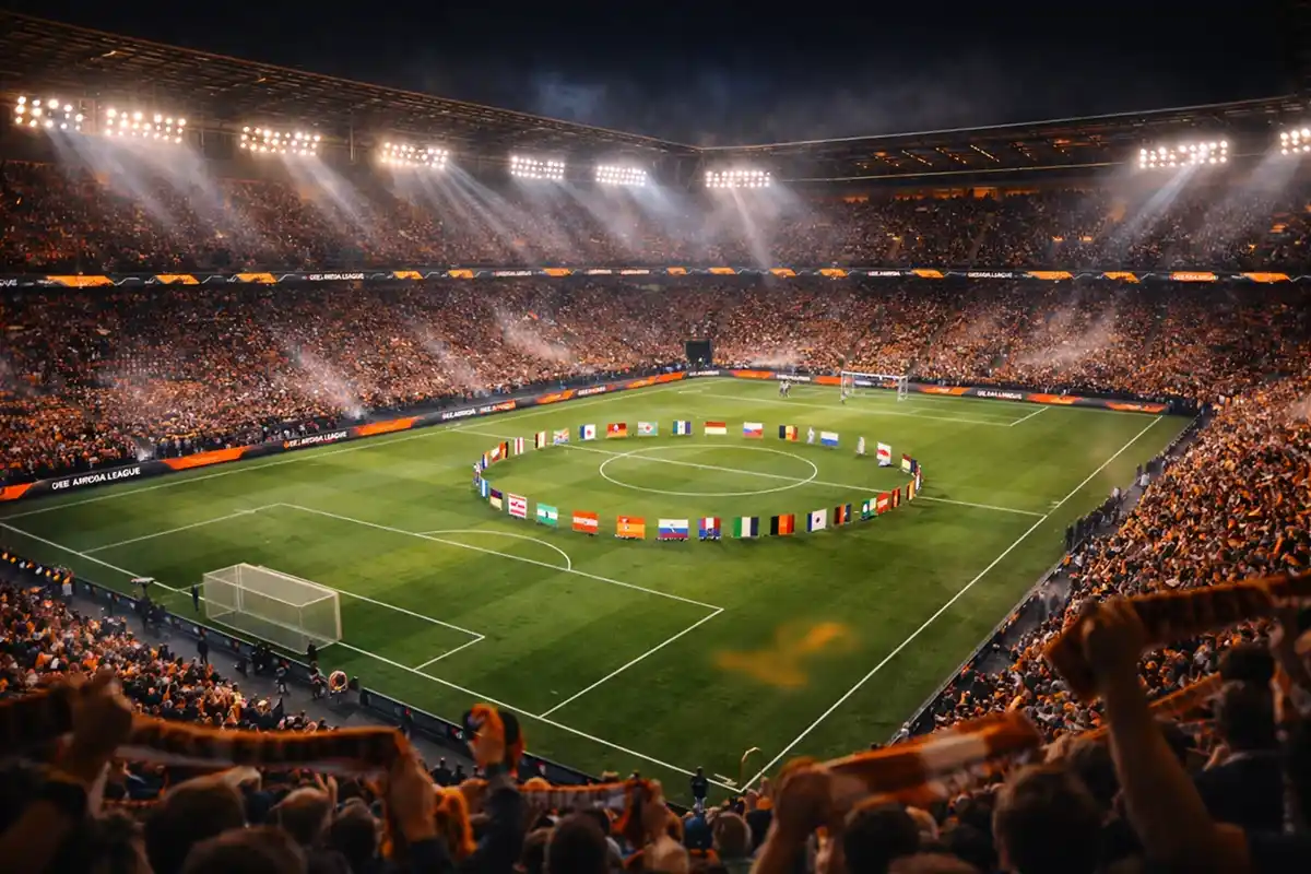 Modernes Europa League Stadion bei Nacht mit 36 Teamflaggen im neuen Ligaformat
