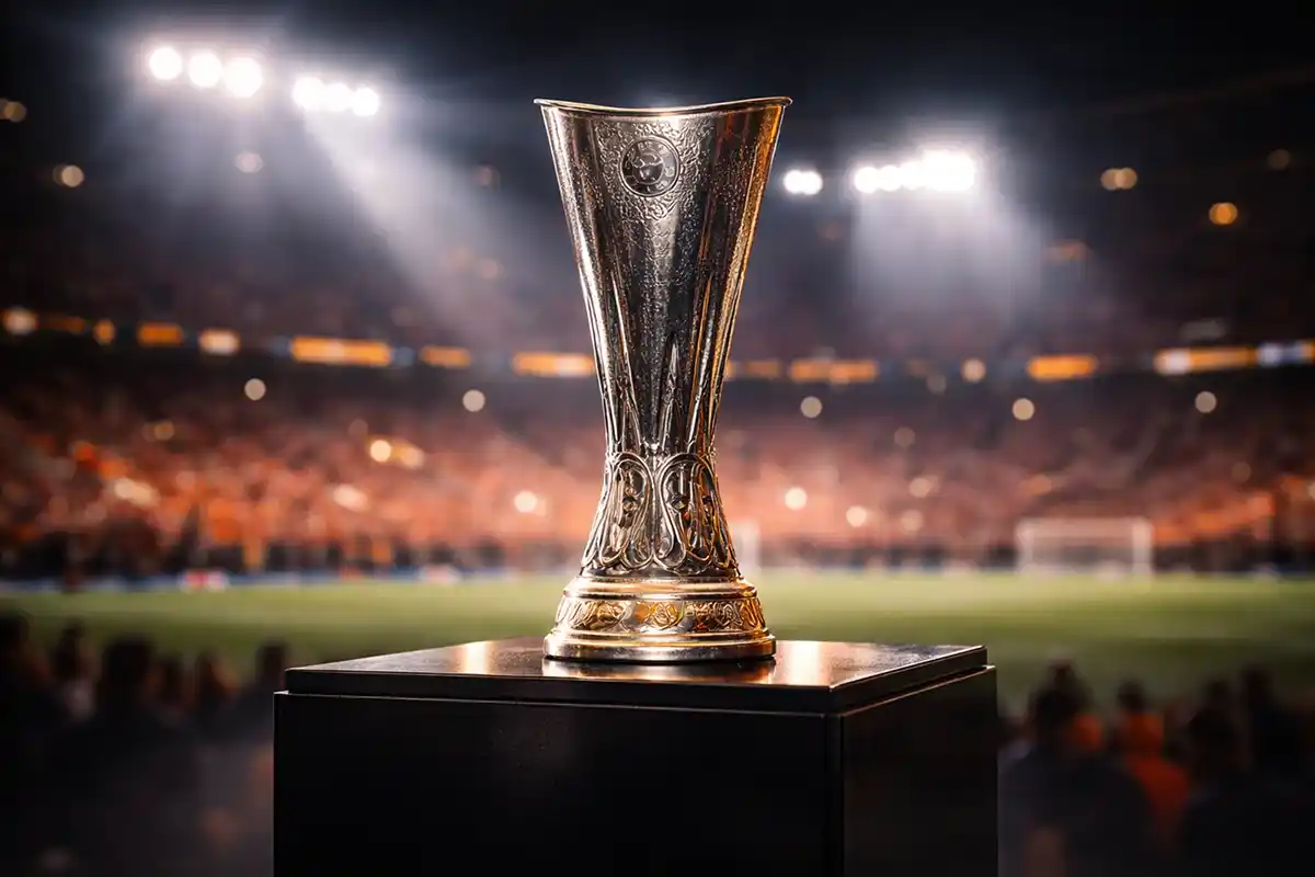 UEFA Europa League Pokal unter dramatischer Beleuchtung als Symbol des Wettbewerbs 2025/26