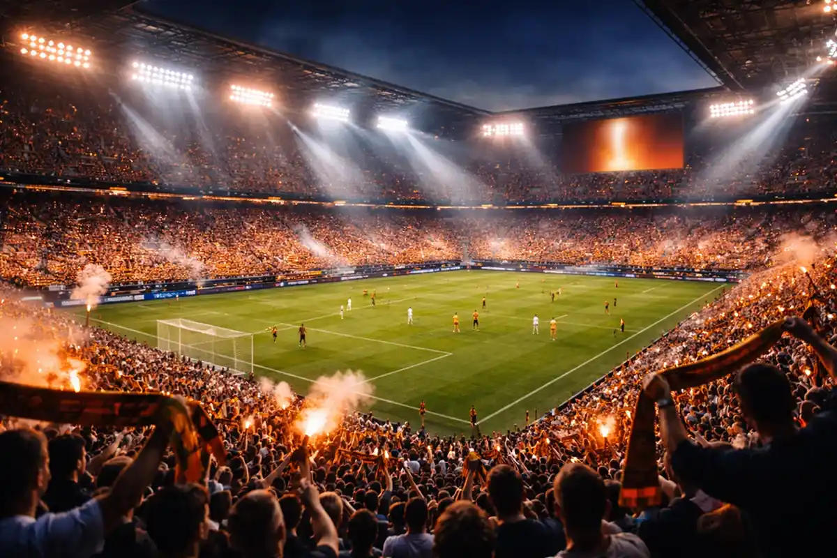 Atmosphärisches Europa League Stadion bei Nacht mit begeisterten Fans und Flutlicht
