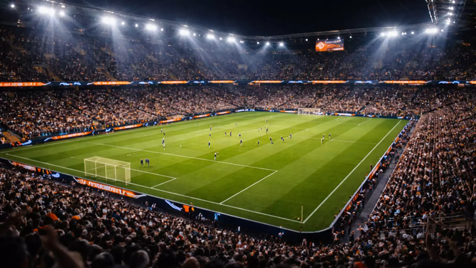 Modernes europäisches Fußballstadion bei Nacht während eines wichtigen Europa League Spiels mit beleuchteter Spielfläche und begeisterten Zuschauern