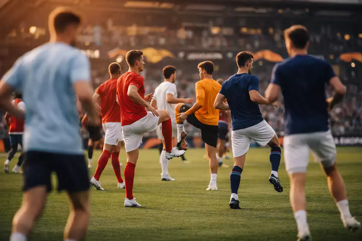 Europäische Fußballspieler verschiedener Teams beim Aufwärmen vor einem wichtigen Spiel im Stadion bei Abenddämmerung