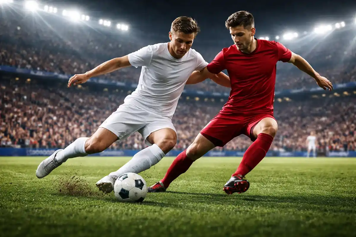 Intensiver Zweikampf zwischen zwei europäischen Topspielern im Flutlicht