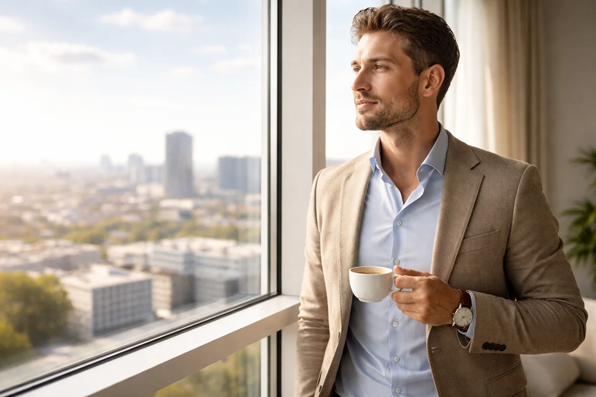 Nachdenklicher Mann am Fenster mit Blick auf den Horizont symbolisiert langfristiges strategisches Denken
