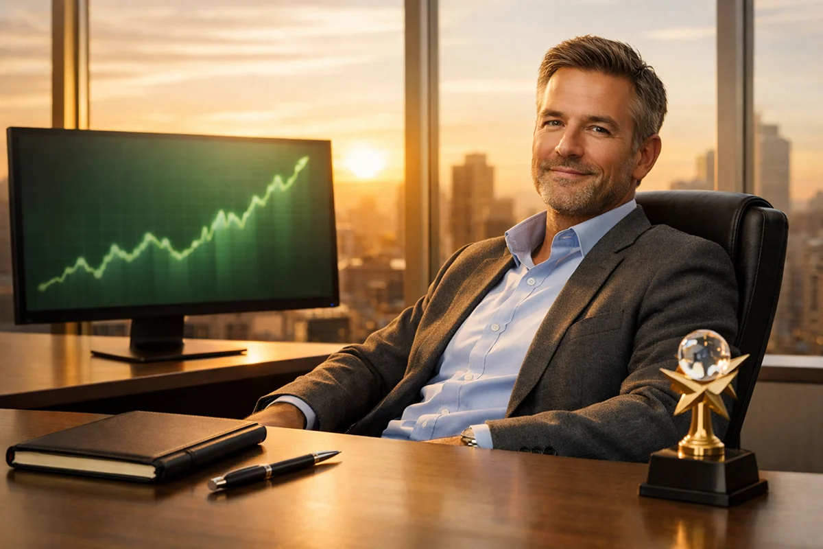 Erfolgreicher Analyst mit Aufw&auml;rtstrend am Monitor als Symbol f&uuml;r langfristigen Erfolg