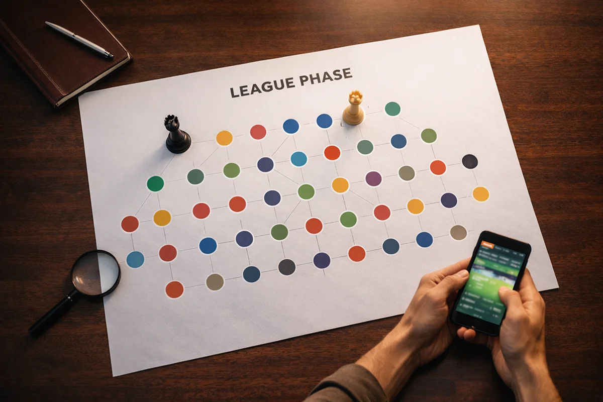 Konzeptdarstellung der Ligaphase mit 36 Teams in einer gemeinsamen Tabelle