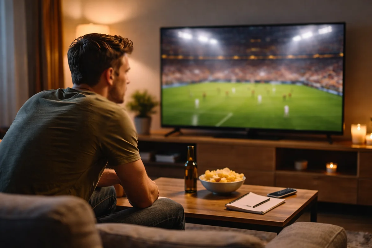 Mann schaut konzentriert ein Live-Fußballspiel auf dem Fernseher zur Analyse