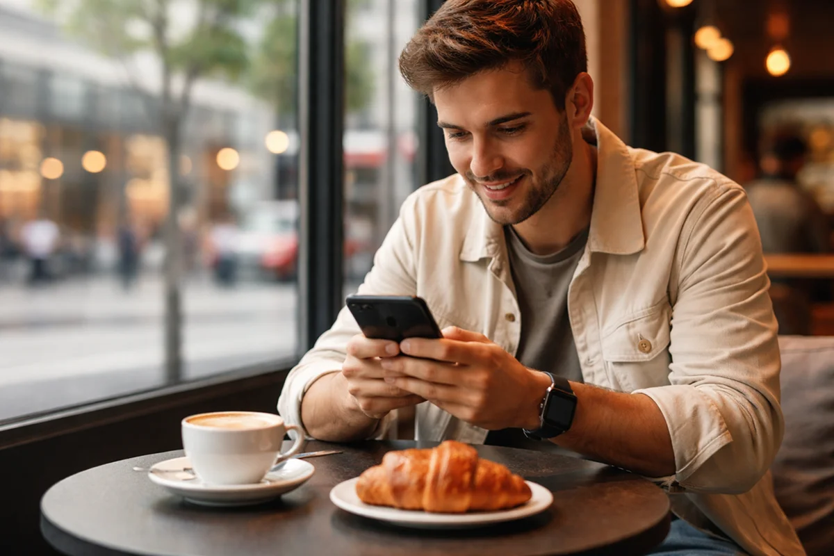 Mann nutzt Sportwetten-App auf dem Smartphone im Caf&eacute; unterwegs