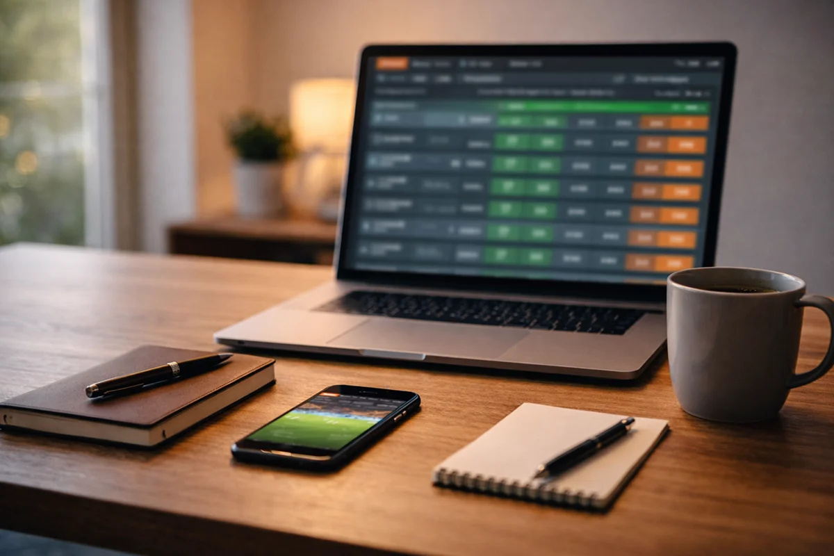 Moderner Arbeitsplatz für Sportwetten-Analyse mit Laptop und Smartphone