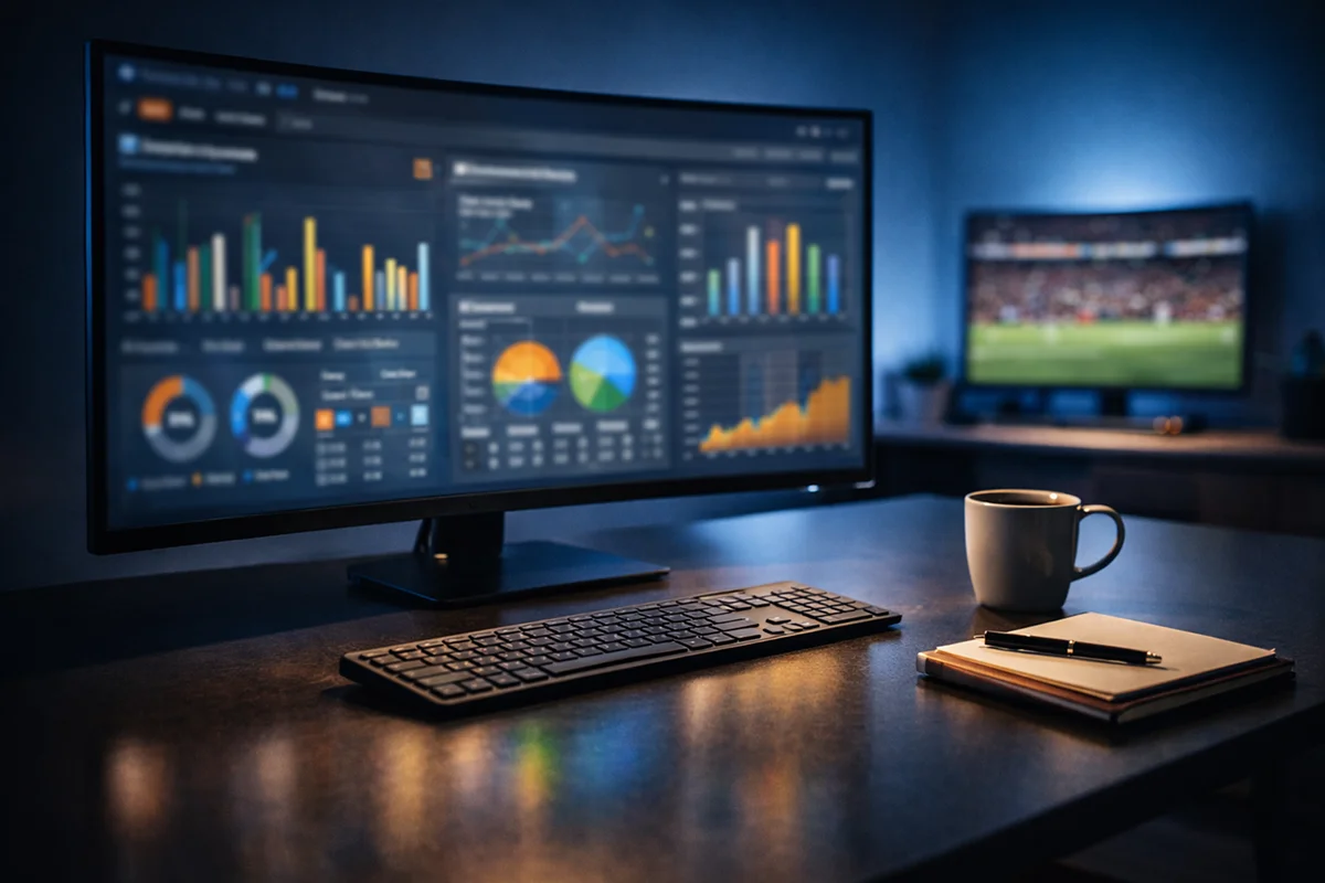 Moderner Arbeitsplatz für Fußballstatistik-Analyse mit Monitor und Daten-Dashboard